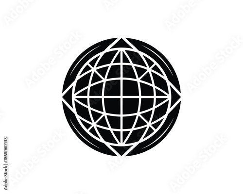 Black stylized globe icon with grid and triangular elements on white background world earth