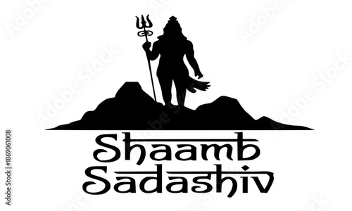 Shaamb Sadashiv text with Lord Shiva silhouette on mountain top, Hindu religious vector