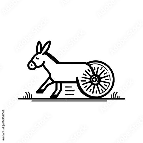 A donkey with a wheel for a rear end walks across a field in a black and white line drawing