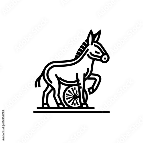A stylized black and white drawing of a donkey with a wheel under its belly on a white background
