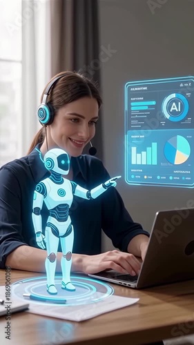 Female Customer Service Agent Interacting with Holographic AI Robot Assistant at Desk. Vertical video