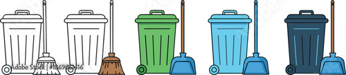 Waste management and cleaning icons set featuring trash bins with brooms, sanitation equipment, household cleaning tools, and environmental hygiene concepts