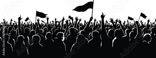 Black silhouette of cheering crowd with flags at protest or concert event on white background for revolution demonstration and celebration,
