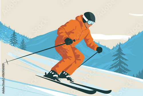 Skier on Mountain Slope Travel Poster – Alpine Winter Sports Resort Vector Illustration