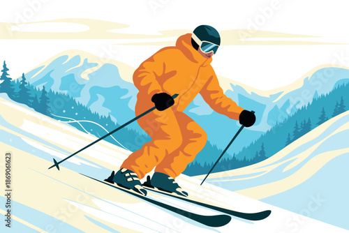 Skier Alpine Mountain Resort  Travel Poster Vector Illustration – Winter Sports Landscape