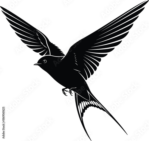 Black silhouette vector of a swallow bird in flight, graceful barn swallow with spreading wings, soaring wild bird, nature, isolated.