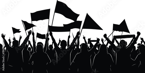 Black silhouette vector of cheering crowd with flags, protest or sports stadium fans, concert audience isolated on white, celebration event.