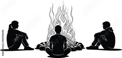 Black silhouette vector of people sitting around a blazing campfire, friends camping outdoors, bonfire night, summer vacation, tourism, leisure, fire.