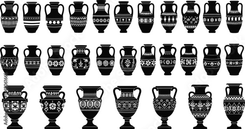 Black silhouette vector set of ancient Greek amphoras and vases, antique pottery with traditional patterns isolated on white, archaeological icons.