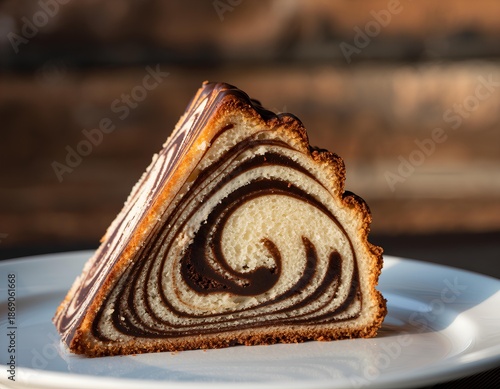 A slice of marble cake with a swirl of chocolate on a plate.