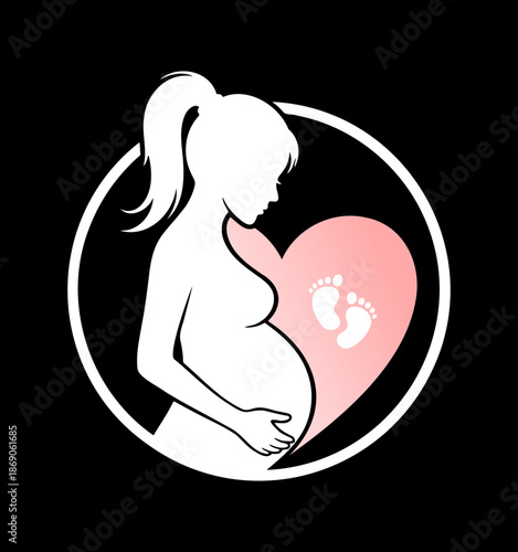 Pregnant woman silhouette with baby feet inside pink heart shape icon