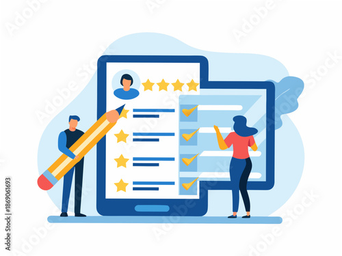 People evaluating and rating on a large mobile device screen