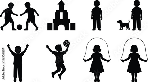Black silhouette vector set of children playing soccer, jumping rope, building blocks, and walking dog, isolated on white background, kids activities.