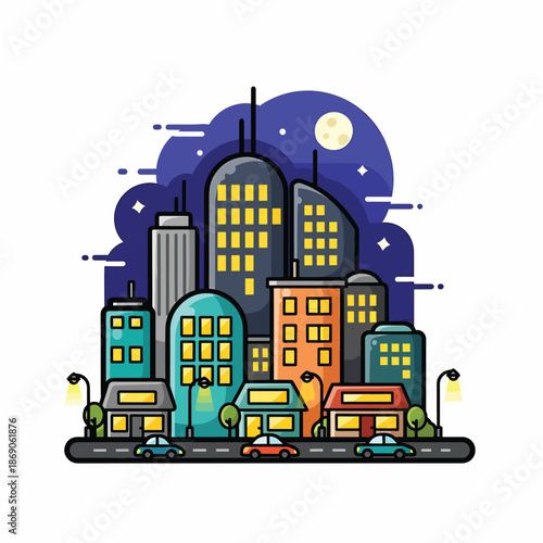 A colorful cityscape at night with buildings, cars, and streetlights (1)