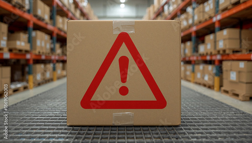 Red warning sign above cardboard box in warehouse