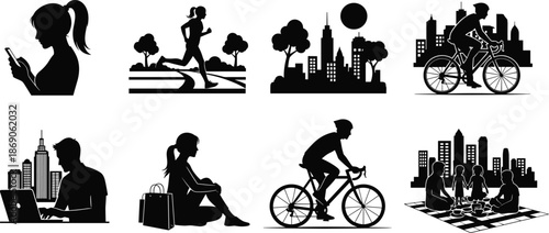 Black silhouette vector set of people in city life activities, including cycling, running, working on laptop, shopping, and family picnic.