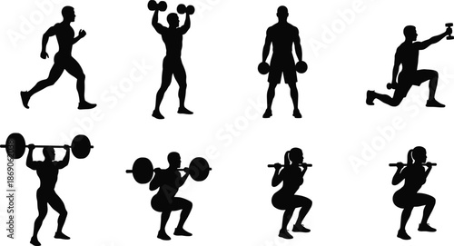 Black silhouette vector set of people working out, gym fitness training, weightlifting, bodybuilding, squats, lunges, running, cardio exercise, sports, health.