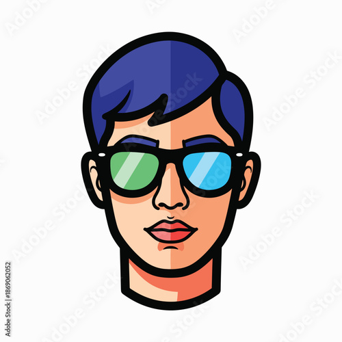 A cartoon-style illustration of a person with short blue hair, wearing sunglasses with green and blue reflective lenses