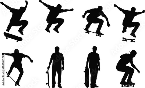 Black silhouette vector set of skateboarders performing tricks, young men jumping on skateboards, extreme sports icons, urban street culture, lifestyle.