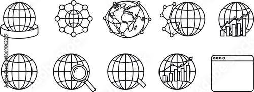 Global data and internet analytics icons set illustrating world network connections, international communication, market research, web statistics, and worldwide digital information concepts