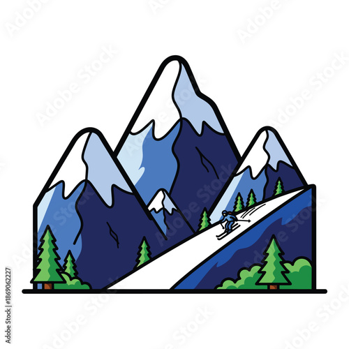 A cartoon-style illustration of a skier descending a snowy mountain slope, surrounded by evergreen trees and majestic snow-capped mountains