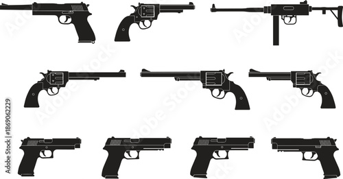 Black silhouettes of handguns revolvers and submachine gun set isolated on white background for weapons crime defense and military design,