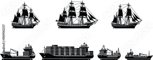 Black silhouette vector set of vintage sailing ships and modern cargo vessels, maritime transportation icons isolated on white background, sea vessels.