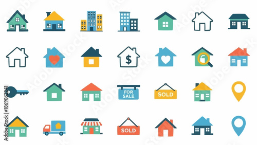 Collection of diverse real estate and housing icons representing homes and buildings.