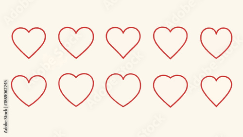 Ten Outline Hearts Arranged in Two Rows on a Light Background.