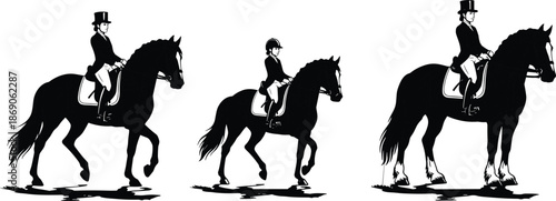Set of black and white woodcut style silhouettes featuring equestrian riders performing dressage movements on horses, isolated on white background