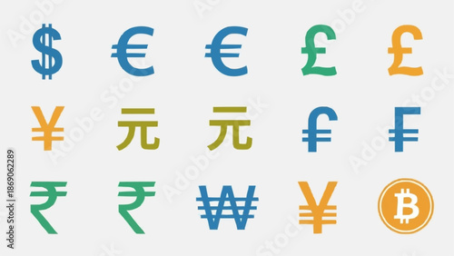 Collection of International Currency Symbols and Bitcoin.
