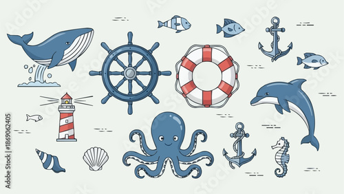 Nautical Theme Elements Collection With Marine Life and Objects.