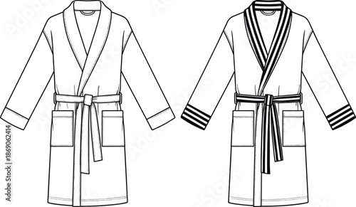 Technical flat sketch of men's and women's bathrobes, cotton dressing gown template with belt and pockets, apparel vector, spa robe.
