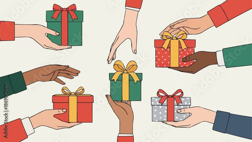 Hands Exchanging Gifts During Holiday Season Celebration.