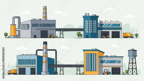Modern Industrial Factory Buildings with Smokestacks and Trucks.