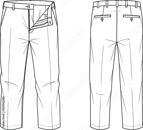 Technical flat sketch of men's formal trousers, front and back view, classic dress pants template, apparel vector isolated on white.