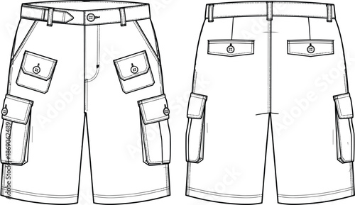 Technical flat sketch of men's cargo shorts, front and back view, multi pocket design, apparel vector template isolated on white.