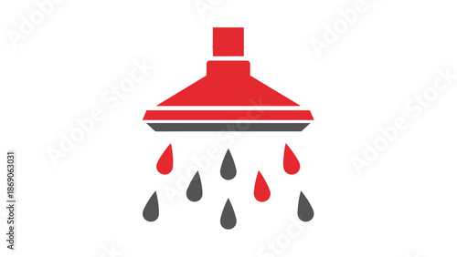 Shower head with red and gray water droplets falling