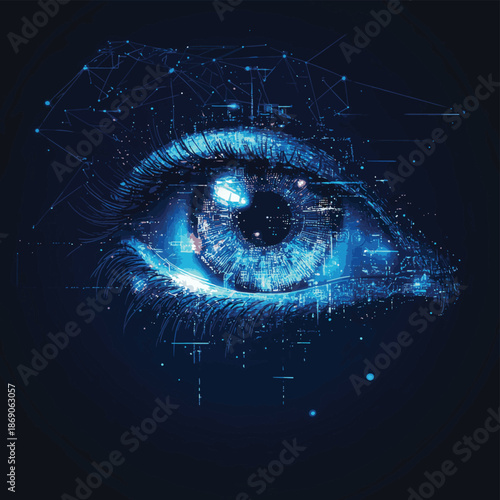 Futuristic eye with digital lines and glowing light, symbolizing advanced technology, artificial intelligence, and biometric identification , vector style simple color