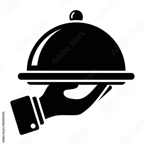 Black silhouette of a hand holding a restaurant serving tray with a food cloche lid isolated on a white background.