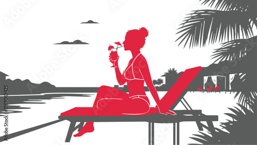 Woman relaxing on a beach lounge chair with a refreshing drink