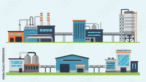 Modern Industrial Factory Buildings with Pipes and Towers.