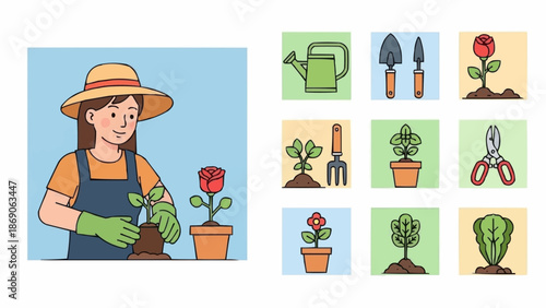 Gardening woman planting a rose flower in a pot with tools.