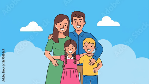 Happy Family Portrait Together Outdoors Under Blue Sky.