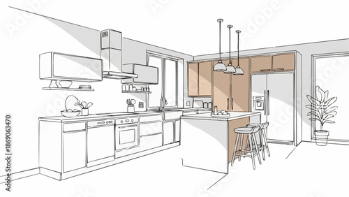 Modern Kitchen Interior Design Sketch with Island and Cabinets.