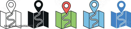 Map navigation and location icons set showing folded maps with route path and destination pin, travel guidance, GPS direction, and journey planning concepts