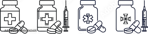 Medical medication and vaccination icons set illustrating medicine bottles, pills, syringes, healthcare treatment, pharmaceutical supplies, and clinical injection concepts