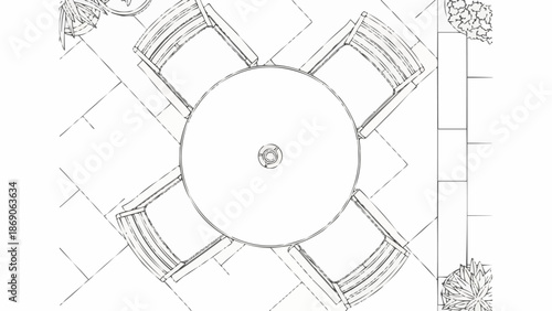 Outdoor dining table with chairs sketch from above.