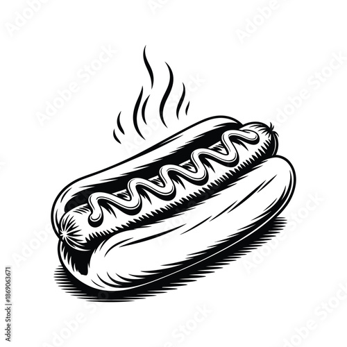 Grilled Hot Dog with Mustard Vintage Black and White Food Illustration