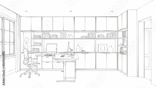 Modern Office Interior Design Sketch with Desk and Computers.